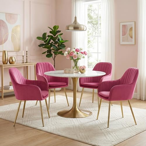 Alivio Set of 2 Upholstered Dining Chairs, Velvet Accent Arm Chair with Removable Seat Cushion & Metal Legs, Modern Curved Chairs for Dining Room, Living Room, Bedroom (Pink)