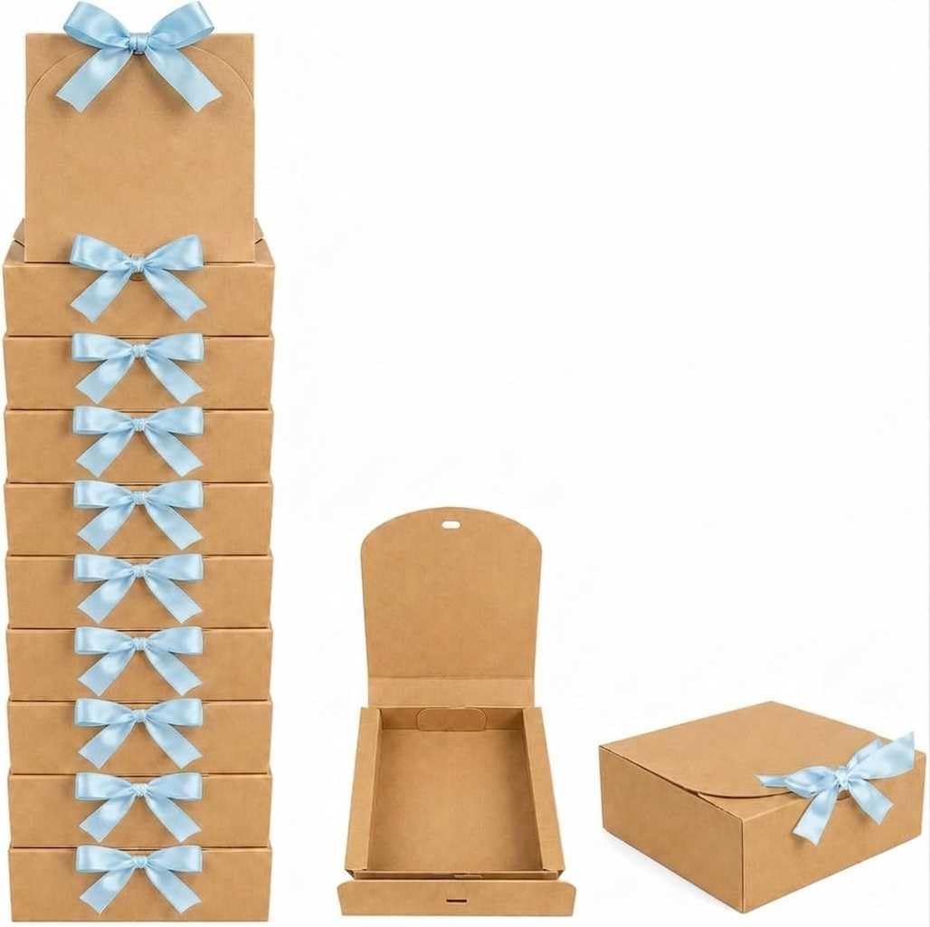 Emartbuy Pack of 12 Brown Kraft Gift Box with Light Blue Ribbon 24x24x5 cm — image 1