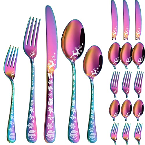 Vilihkc Christmas Style Silverware Set,20 Piece Stainless Steel Flatware Set, Kitchen Utensil Set Service for 4,Tableware Cutlery Set for Home and Restaurant,Dishwasher Safe