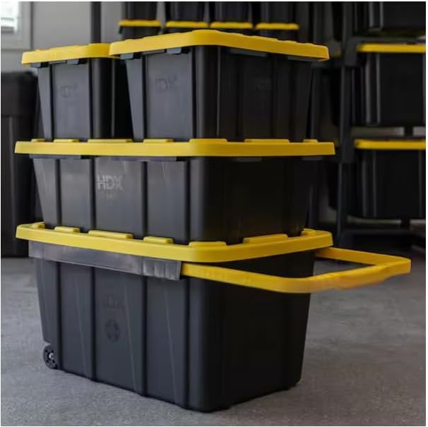 Heavy Duty Rolling Storage Container, 27 Gallon Capacity, Black and Yellow Plastic Tote Box with Wheels and Lid