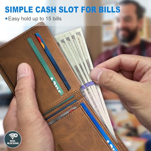 Image of miyozi AirTag Wallet for Men, Slim Leather Bifold with Holder Slot, 2 ID Windows & 13 Card Slots, RFID Blocking Front Pocket Wallet with Gift Box