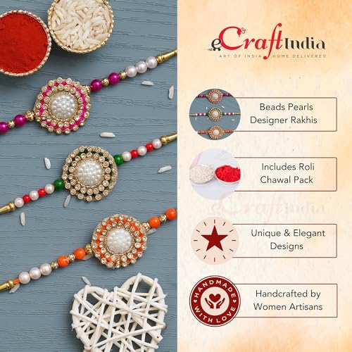 Image of eCraftIndia Set of 3 Rakhi Combo Hamper | Om Krishna Peacock Feather Lord Ganesha Silver Religious Designer Rakhis | Roli Chawal Pack