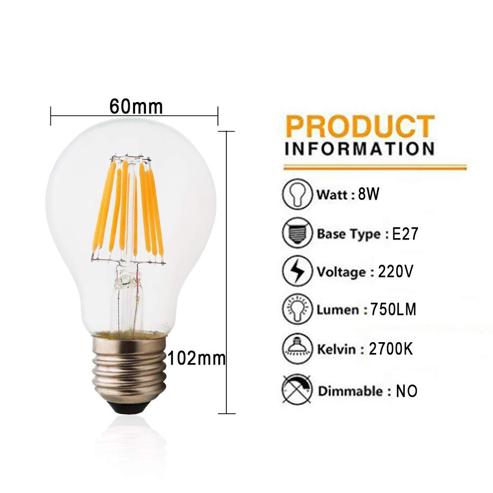 Générique Żarówki LED Globe 8 W, gwint Edison A60 E27, odpowiednik żarówki halogenowej 80 W, żarówka vintage, ciepła biel 2700 K, zestaw 10 szt