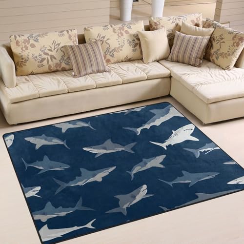 Image of ALAZA Blue Cartoon Shark Print Area Rug Rugs for Living Room Bedroom 4'10" x 6'8"