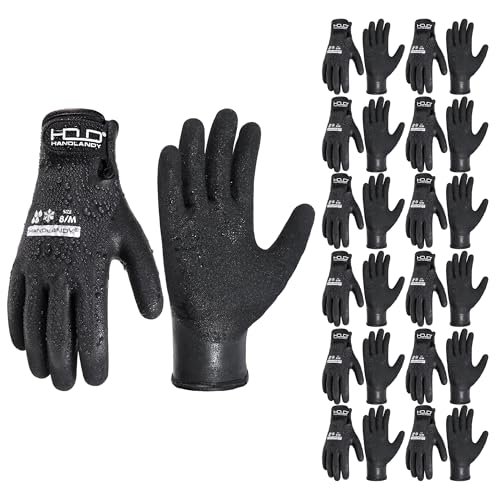 HANDLANDY Waterproof Work Gloves for Cold Weather, Insulated Winter Freezer Work Gloves with Grip for Men & Women Medium Black (12 Pairs)