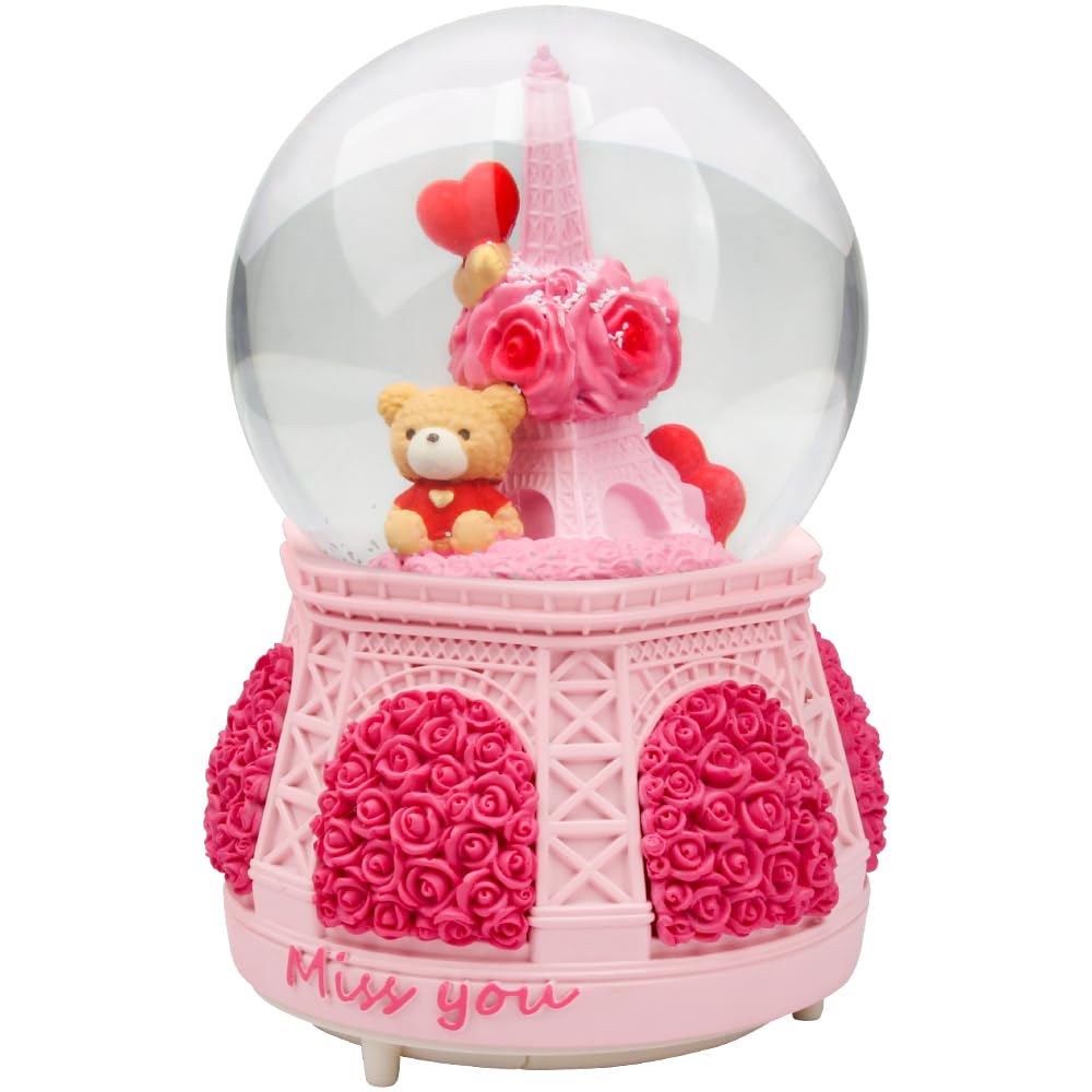 Bear Sit Back On The Flower Eiffel Tower Snow Globe, 100MM Music Box Snow Water Ball for Home Decoration Gifts, 5.75 Inch