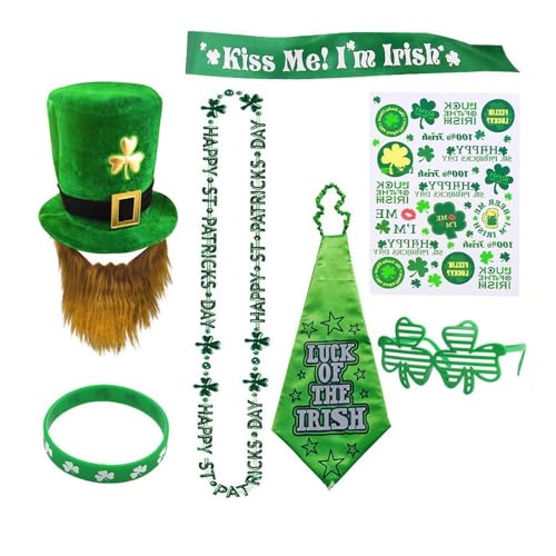 BaronHong St. Patrick's Day Party Outfit Set for Irish Shamrock Green Top Hat Beard Tie Necklaces Clover Irish Parade (7-pack,M)