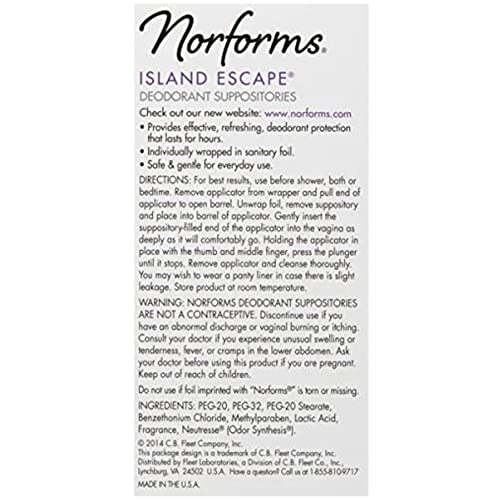 Image of Norforms Feminine Deodorant Suppositories, Long Lasting Odor Control, Island Escape Scent, 12 Count (Pack of 9)
