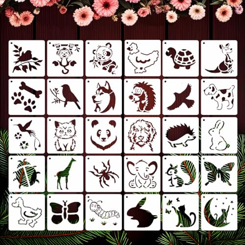 30 Pieces Cute Animal Stencils 3Inch Reusable and Flushable Print Stencils Cat Dog Panda Pattern Templates for Painting on Wood, Burning Art, Craft, Wall, Home Sign Decor, Fabric, Canvas