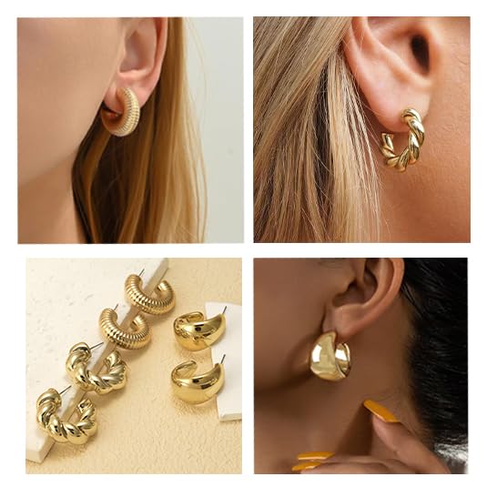 Image of Gold Jewelry Set for Women Gold Plated Chunky Layered Necklace Chain Bracelet Stackable Ring Hoop Earrings Jewelry Accessories Gifts