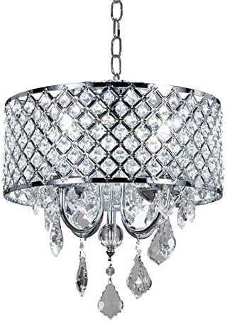 Diamond Life 4-Light Chrome Round Metal Shade Crystal Chandelier Pendant Hanging Ceiling Fixture