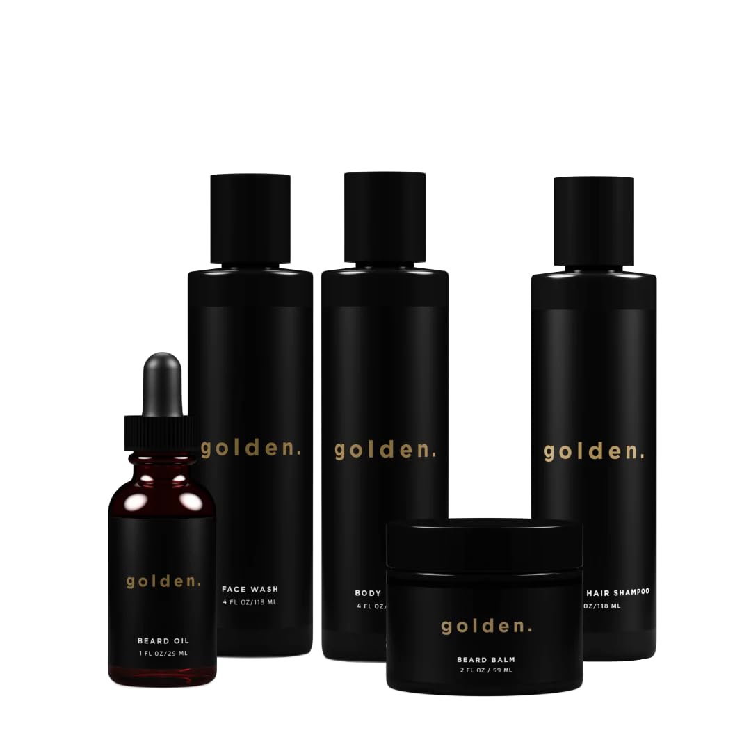 Golden Grooming Co. Everyday Grooming Bundle for Textured Hair & Melanin-Rich Skin | Essential Beard & Skincare Kit with Beard Shampoo, Face Wash, Beard Oil, Body Wash & Beard Balm
