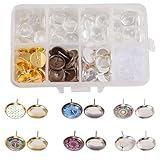 SUNNYCLUE 1 Box 120Stück 12mm DIY 30Paar Cabochon Anhänger Ohrstecker Bastelset Kit zur Schmuckherstellung Lünette Ohrring Einstellungen mit Klarglas Cabochons Ohrringhaken Frauen Erwachsene 3Farbe