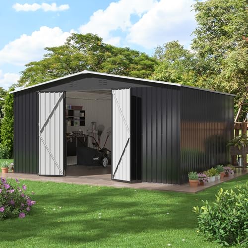 Image of Polar Aurora 12x14 FT Outdoor Storage Shed Black | Garden Shed with Updated Frame Structure and Lockable Doors, Metal Tool Sheds for Backyard Garden Patio Lawn