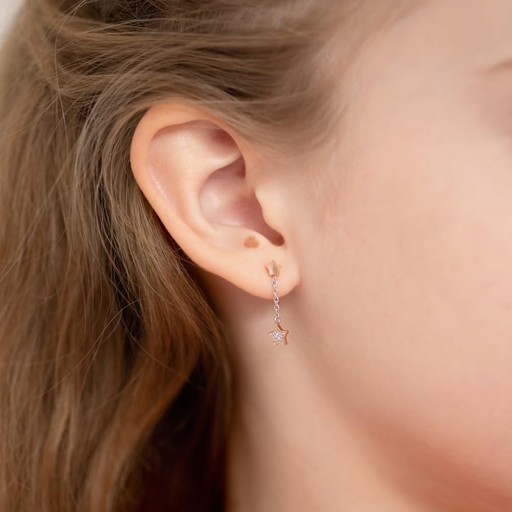 925 Sterling Silver Clear Cubic Zirconia Single Star Dangle Stud Earrings for Preteens and Teens - Beautiful Star Shaped Earrings for A Young Girls Birthday or Special Occasion