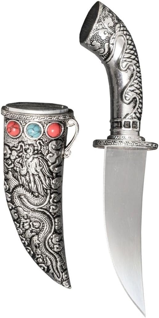 Runonshi Fixed Blade Knife Chinese Tibetan Knife Dragon Tanto EDC Knives With Metal Sheath For Collecting and Display Gifts for Men