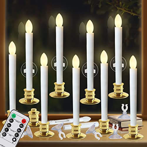 Image of 10 Pack Flameless Taper Candles with Remote /Timer & Suction Cup, Battery Operated Flickering LED Window Candles, Vintage Christmas Electric Fake Candlesticks, Golden Holder