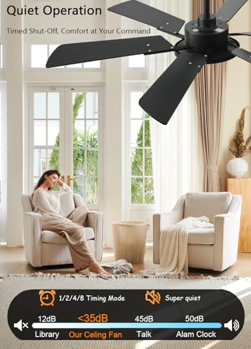 Image of JSAITEE 52 Inch Low Profile Ceiling Fan with Lights, Remote & APP Control, 3CCT Dimmable, 6 Blades 6 Speed Ceiling Fans, Quiet Reversible DC Motor, Modern Black Ceiling Fan for Bedroom Living Room