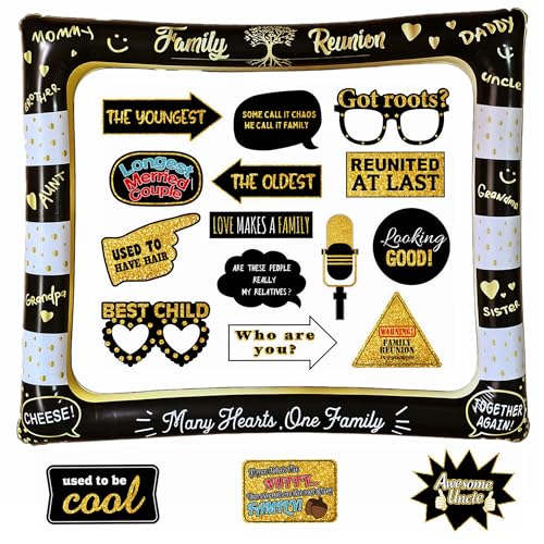 Hilarious Family Reunion Inflatable Selfie Photo Frame & Photo Props Set Family Gathering Party Photobooth Props Family Tree Reunion Selfie Props with Sticks for Home Gathering Party Supplies