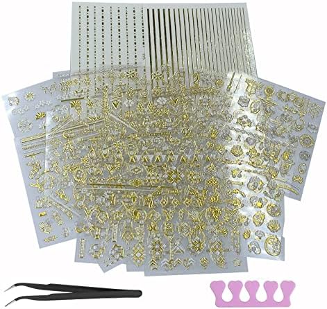 22 Sheets 3D Nail Adhesive Stickers for Women Gold Metallic Chain Line Nail Stickers Diamond Design Luxury Nail Art Decoration with with Tweezers Nail File Separators