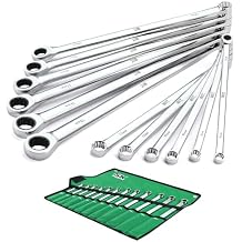 SK Extra Long Ratcheting Wrench Set, Double Box End Wrench Set, 12-Piece, Metric, 8 mm to 19 mm, 72-Tooth, Premium CR-V Construction, with Rolling Pouch