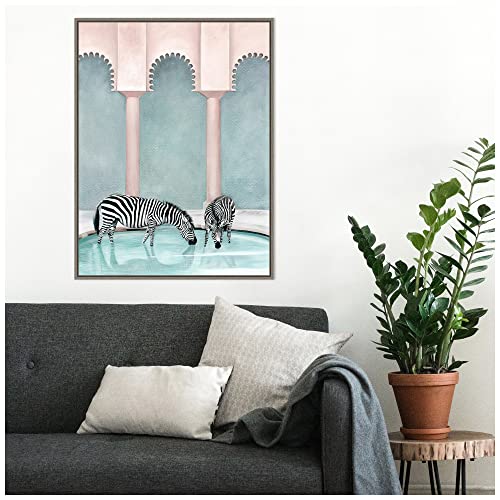 Amanti Art Framed Canvas Wall Art Print Office Gossip (Zebras) By Urban Road (23 In. W X 30 In. H), Sylvie Greywash Frame - Large #TOP5