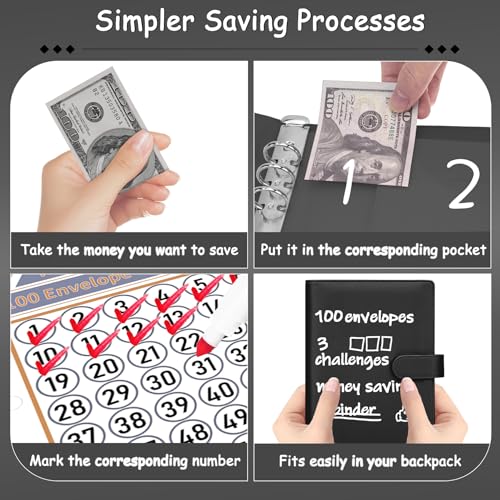 AKONEGE 100 Envelopes Money Saving Challenge Binder, A5 Budget Planner Savings Challenge Books with Cash Envelopes, Easy and Fun Way to Save $5,050, $500, $10,000, Savings Binder for Budgeting, Black