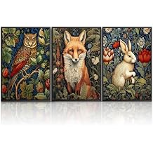 Sufeasdf William Morris Wall Art, Forest Animal Unframed Canvas Prints Wall Art for Living Room Decor, Fox Rabbit Eagle, Gothic Vintage Botanical Floral Oil Painting Pictures,12""x16""3PCS, Green
