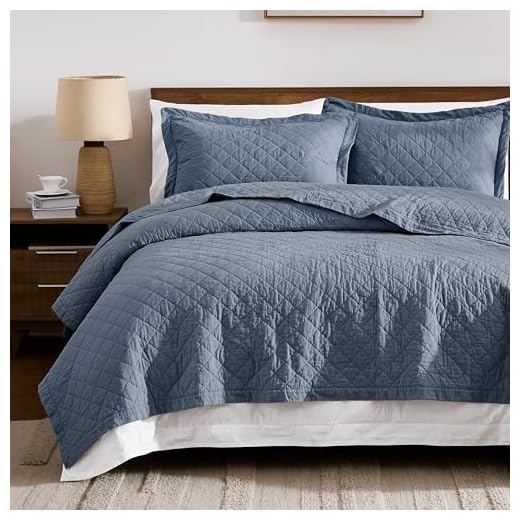 WDCOZY 100% Pre-Washed Cotton King Size Quilt Set - Dusty Blue Ruffle Box Soft Lightweight Bedspread, Textured Like Linen, Farmhouse Country Rustic Coverlet, Shabby Chic Gauze Bedding, 3 Pieces
