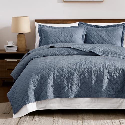 WDCOZY 100% Cotton Quilt Queen Size Bedspread, Pre-Washed 3-Piece Lightweight Soft Coverlet Set with 2 Pillow Shams, Modern Neutral Design All Season Bedding Set, Dusty Blue by WDCOZY - Used condition - US$53.08