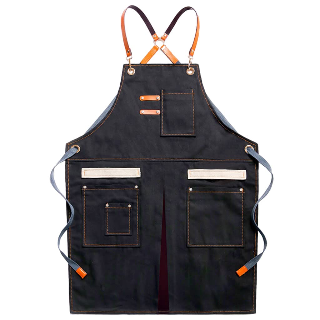 Delantal de Lona con Diseño de Tirantes Y Bolsillos Amplios para Chef Camarero Pintores Y Panaderos Función Antimancha Adecuado para Barbacoa, Negro, Individual