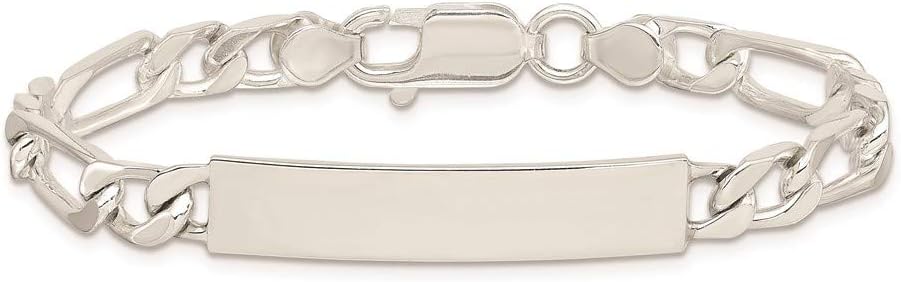 Polished Engravable Personalized Custom 925 Sterling Silver Polished Figaro Link ID Bracelet For Men or Women Length 8 inches Width 6 mm With Lobster Claw Clasp