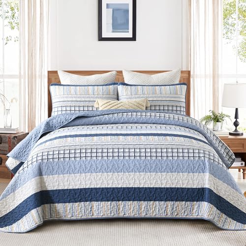La Mejor Recopilación de Edredon queen size para comprar hoy. 48 DJY - Juego de colcha tamaño Queen, bohemio, de microfibra suave, 3 piezas, para todas las estaciones, a rayas azul marino y ocre