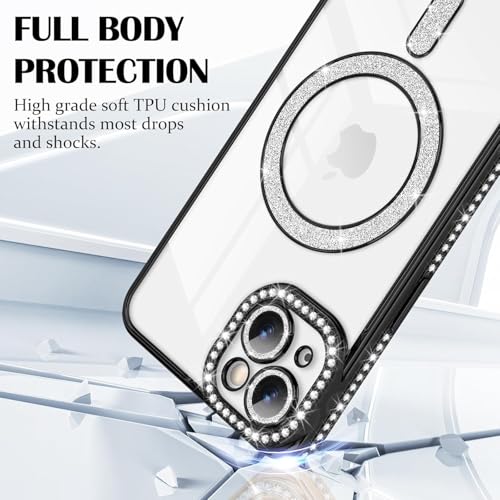 Image of Cute Compatible with iPhone 13 Diamond Glitter Case,Luxury Bling Rhinestone Soft Clear TPU Bumper Case,Compatible with MagSfe and Camera Lens Protection Cover for Women Girls (Black)