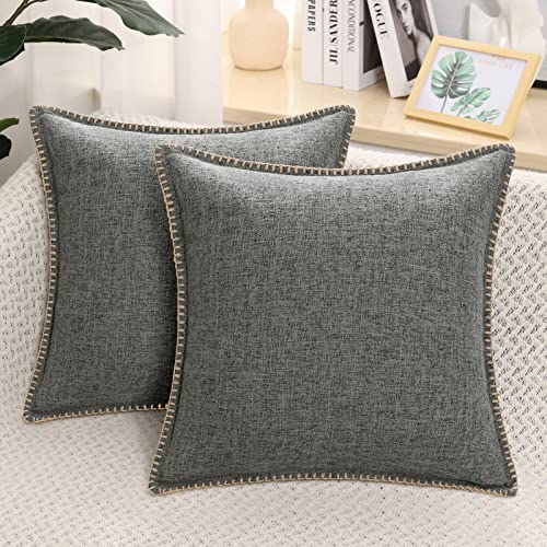 decorUhome Set of 2 Linen Cushion Covers 45X45cm,Decorative Outdoor Plain Vintage Cushion Covers with Stitched Edges, Square Farmhouse Neutral Pillow case 18x18 Inch for Sofa, Dark Grey