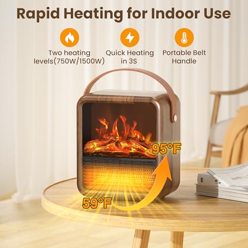 Image of Riseon Small Portable Space Heater for Indoor use with Realistic 3D Flame, Mini Electric Fireplace Heater with Thermostat, 1500W /750W PTC Ceramic Heating, Tip-Over Safety Switch, Walnut