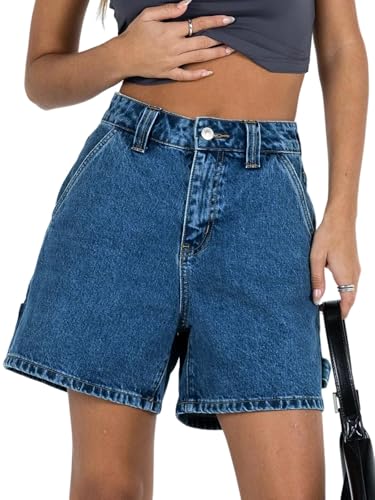 PLNOTME Womens High Waisted Denim Shorts Summer Casual Button Down Baggy Stretchy Jean Shorts with Pockets (US, Numeric, 12, Regular, Regular, Blue)