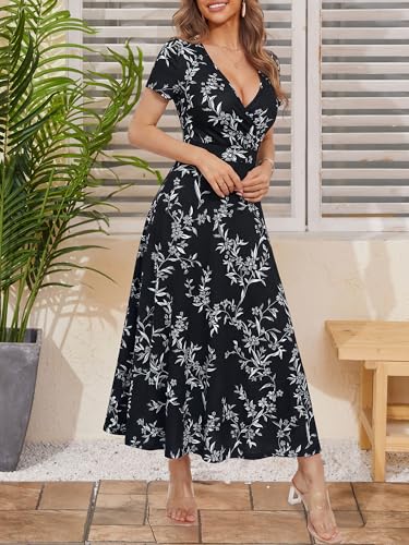 Image of HUHOT Women's Short Sleeve Wrap V Neck Dresses for Wedding Guest Summer Floral Maxi Sundresses with Pockets Boho Dress