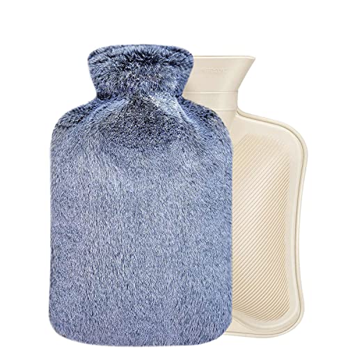 Wärmflasche,2L Premium Naturkautschuk Wärmeflasche,Wärmflasche mit Flauschigem Plüsch Bezug für Rücken Nacken Taille Beine Bett warm (grau) Cover