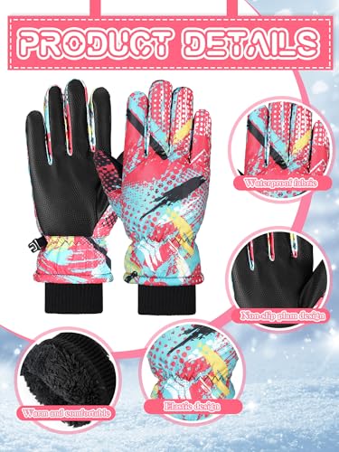 Image of SATINIOR 2 Pairs Kids Waterproof Winter Snow Gloves Ski Gloves for Boy Girl Outdoor Warm Thickening Snowboard