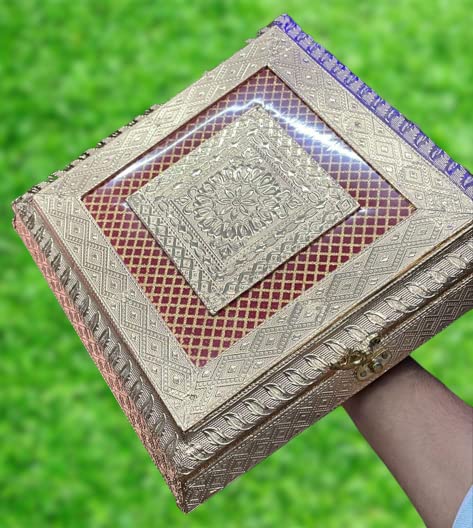 Handicraft Squre Dry Fruit Empty Box, Wooden Designer Marriage Gift Sweets Supari Box Golden (Four Section Box) (12x12 Inches) (B0CJ9Y2DRF) Amazon Price History, Amazon Price Tracker