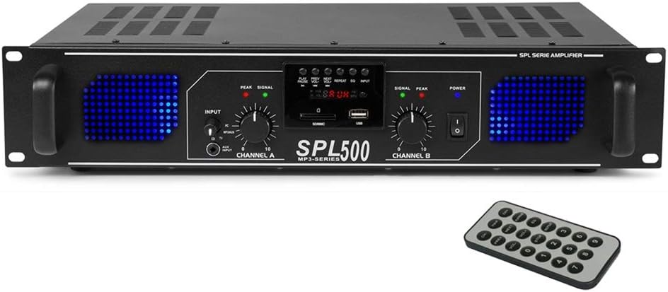 SPL-500 Stereo Power Amplifier 500W with USB, SD, MP3, FM Radio, 2 Channel Audio Amplifier for DJ PA Systems, Home HiFi, 19 Inch Rack Mount (Black)