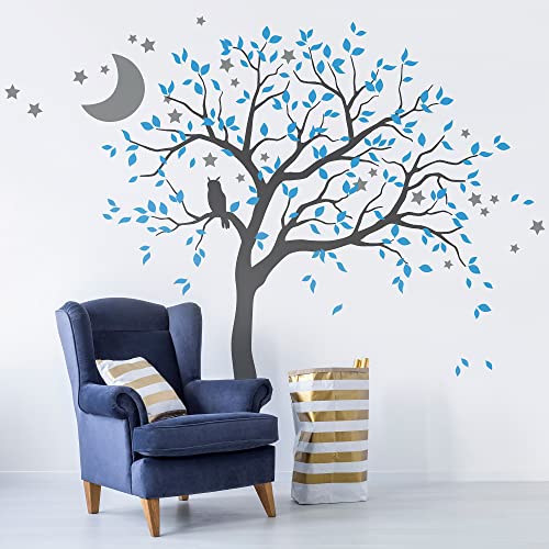 Studio Quee Large Tree Wall Decal Sticker With Owl, Moon And Stars Nursery Mural Decoration 088 (Leaning Right, Dark Grey, Ice Blue, Middle Grey) #TOP16