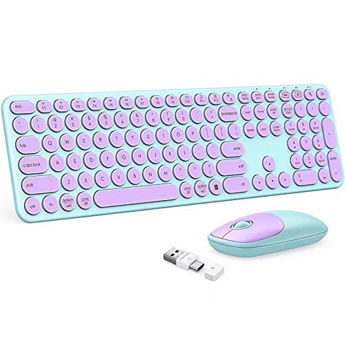 Wireless-Keyboard-and-Mouse-Combo-seenda-USB-Type-C-Wireless-Mouse-and-Keyboard-for-Mac-and-Windows-USB-C-Full-Size-Round-Key-Cute-Keyboard-for-Mac-Windows-7810-Laptop-Computer-Purple-Green