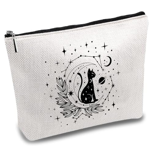 CREATCABIN Bolsas Maquillaje Gato Negro Bolsa Cosméticos Luna Estuche Multiusos Polialgodón con Bolsas Cremallera Metal Neceser Gótico Bolsa Viaje para Gracias Amantes los Gatos Regalo Escuela 25x18cm