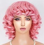 Retoleca Pink Curlys Wig for Black Women Short Curly Wigs with Bangs Soft Big Bouncy Fluffy Kinky Heat Resistant Afro Wig Cosply (Pink,14Inch)