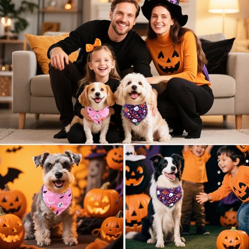 SZEE Hundehalstuch Halloween Kostüm Hunde Bandana for Dogs, Geschenk Deko mit Kürbis Motiv, Kopftücher Waschbarer Hundehalstücher für Kleine/Mittel/Große Hunde und Katzen Haustier, Lila+Rosa, L