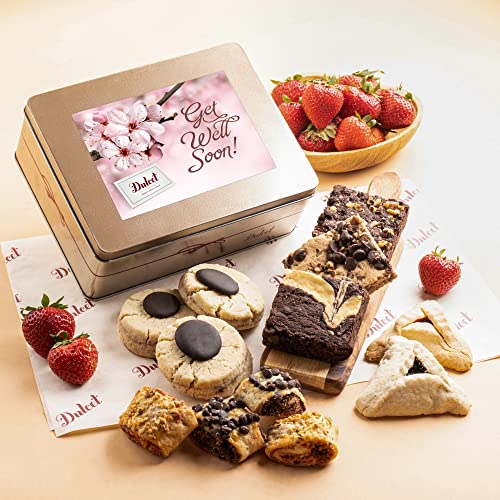 Dulcet Gift Baskets Get Well Soon Cookie and Brownie Tin - Delicious, Fresh Baked Cookie Snacks - Gourmet Real Chocolate Fudge Brownie - Yummy Flavors For Mom, Dad, Him, Her, Adults, College Students, Co-workers, and Aunts