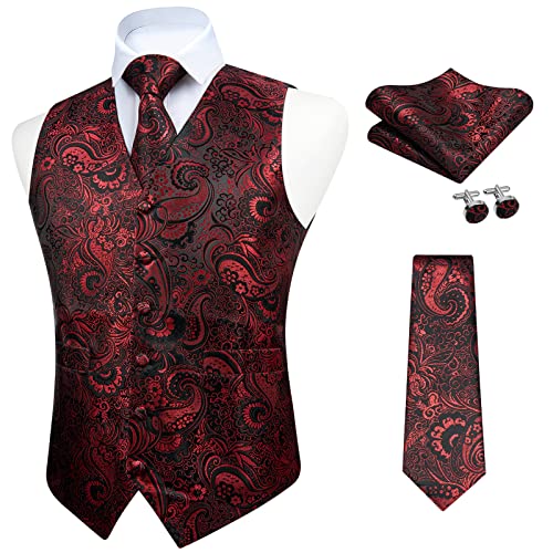 Faimo Mens Red Suit Vest, Waistcoat Necktie And Pocket Square Cufflink Set For Men, Business Formal Dress Vest For Wedding Tuxedo #TOP7