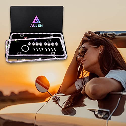 Aujen Bling License Plate Frames 2 Pack, Stainless Metal License Plate Covers, Obstruction-Free & License Plate Frame for Women, Sparkly Rhinestone License Plate Frame Colorful with Gift Box - Thumbnail 7